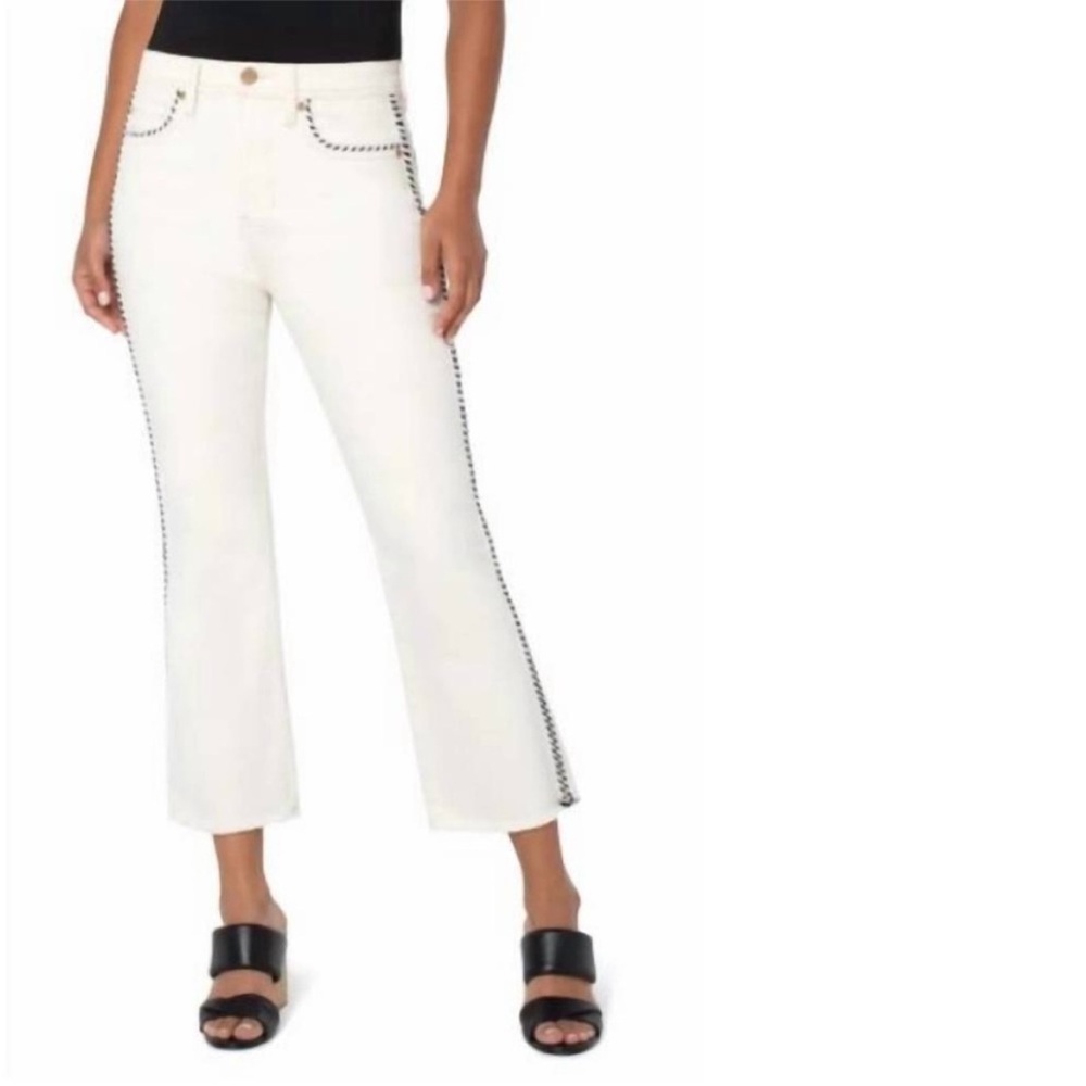 NWT Liverpool Ecru Piped High Rise Cropped Flare Jeans in Seaside Dunes